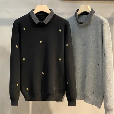 衬衫领假两件毛衣男加绒加厚宽松潮印花针织衫男士休闲外套秋冬款商品大图