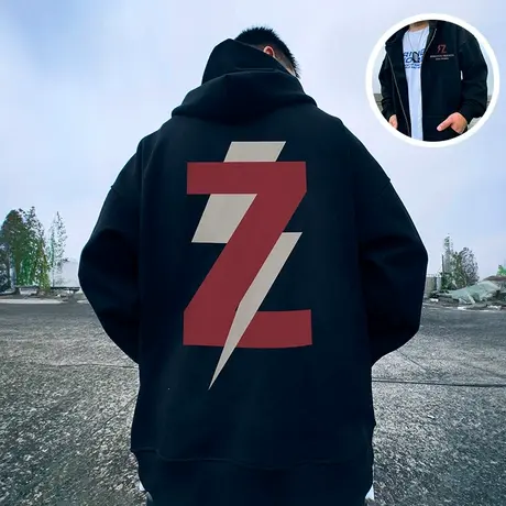 黑色加肥加大码男装连帽胖子外套拉链卫衣宽松字母休闲百搭春秋季商品大图