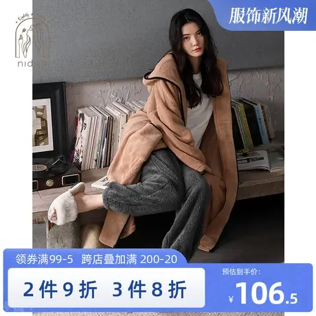 珊瑚绒睡衣睡袍女士冬季长袖加厚法兰绒中长款浴袍秋冬带帽家居服商品大图