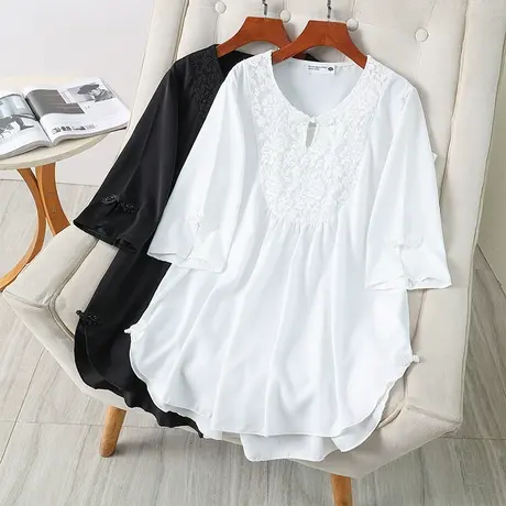伊自尚2024年新款韩版胖mm大码女装夏季时尚显瘦蕾丝拼接雪纺衫女图片