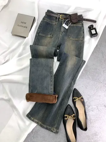 美式复古磨白加绒牛仔喇叭裤2023冬季新款显瘦百搭弹力高腰马蹄裤图片