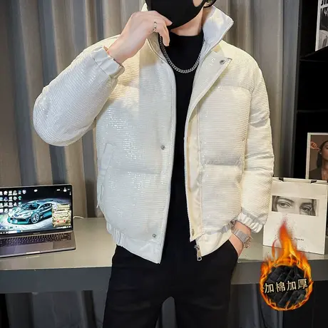 2023冬季新款社会小伙修身棉服重工艺亮片加厚棉衣男潮立领小外套图片