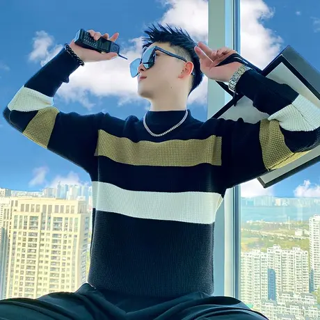 半高领毛衣男冬季2023新款韩版休闲拼接撞色设计感时尚内搭针织衫商品大图