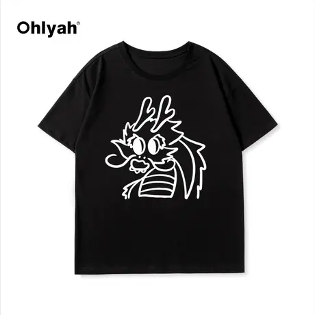 Ohlyah2024春夏新款圆领打底学生纯棉小龙图案印花短袖T恤男女款图片