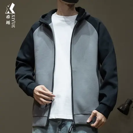 希越美式开衫卫衣男春秋重磅拼接插肩袖外套宽松大码男士连帽夹克商品大图