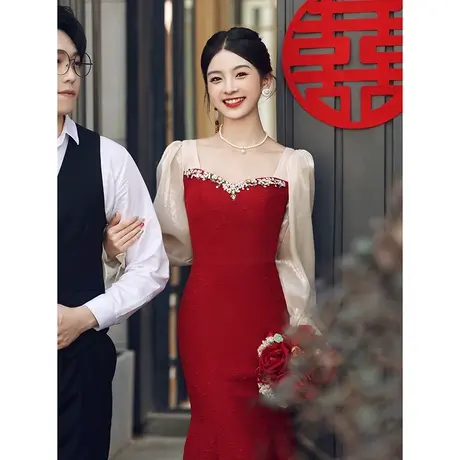敬酒服2023新款新娘女夏季纱袖高级感订婚礼服修身鱼尾红色连衣裙商品大图