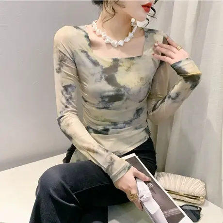 不规则下摆开叉长袖打底衫时尚网纱晕染褶皱方领上衣女修身T恤ins图片