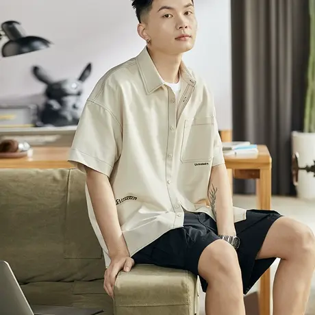 唐狮2023夏季新款短袖衬衫男日系明线纯色上衣休闲百搭设计感外套图片