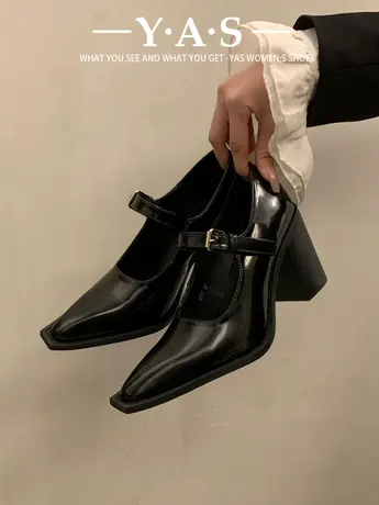 欧美高跟鞋女2024年春季新款黑色粗跟复古法式玛丽珍单鞋小皮鞋子图片