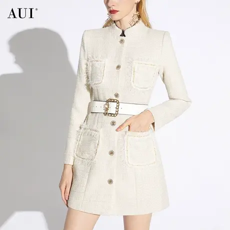 AUI白色小香风毛呢外套女小个子中长款2023秋冬新款气质呢子大衣商品大图