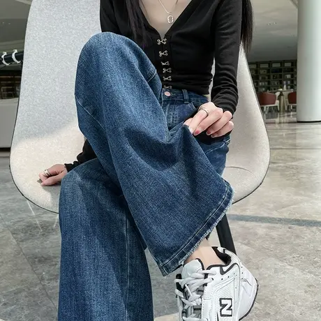 蓝色阔腿牛仔裤女2024年春秋新款高腰宽松显瘦直筒裤子垂感拖地裤商品大图