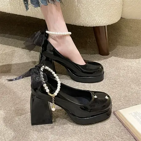 高跟鞋女春秋新款2024年复古玛丽珍鞋高级感防滑珍珠蝴蝶结小皮鞋商品大图