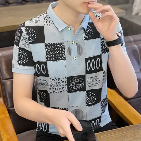 男士短袖T恤潮牌翻领Polo衫2023新款夏装修身潮流纯棉休闲上衣服商品大图