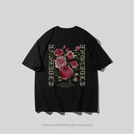 Ohlyah玫瑰花字母印花短袖t恤男女夏季纯棉重磅港风高街圆领体恤图片