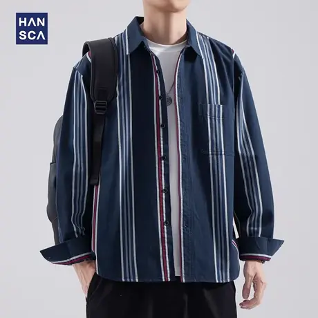 hansca秋季条纹长袖衬衫男士春秋款日系潮牌翻领休闲宽松外套衬衣商品大图