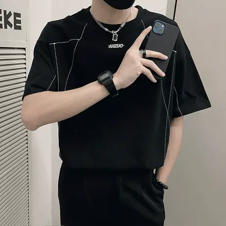 韩版简约休闲短袖T恤男夏季圆领上衣潮牌明线设计感夏天T恤半截袖商品大图