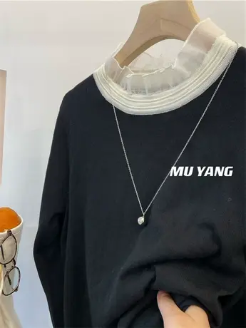 海盐与白茶！温柔花边木耳领 细羊毛叠穿针织衫内搭打底长袖上衣图片