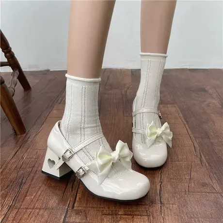 日系可爱lolita甜酷玛丽珍小皮鞋女2024夏季新款蝴蝶结粗跟JK单鞋商品大图