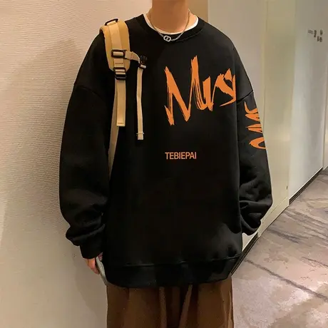 美式春秋季卫衣男潮ins重磅套头圆领长袖2023外套潮牌印花打底衫商品大图