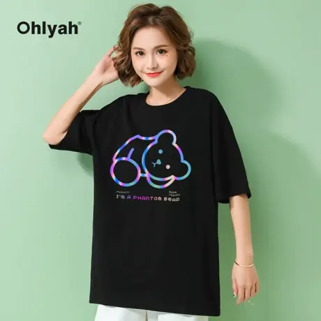 Ohlyah品牌 港风ins潮牌圆领情侣装夏装t恤短袖反光小熊上衣学生商品大图