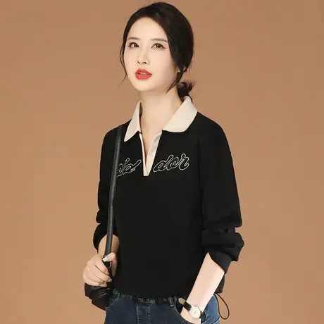 韩潮袭人POLO领撞色长袖刺绣卫衣女2023秋季新款拼接休闲百搭上衣商品大图