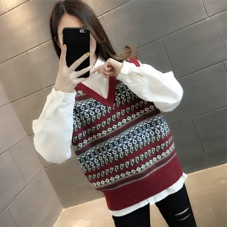 洋气提花针织马甲背心外穿女2023新款春季宽松无袖毛衣外套上衣服商品大图