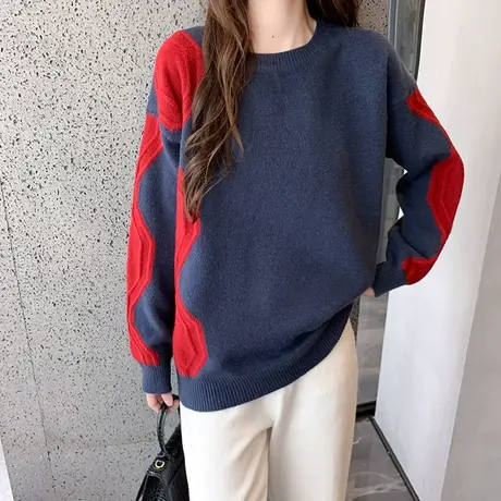 毛衣女2023年秋冬新款短款拼色针织衫宽松内搭加厚圆领打底衫女商品大图