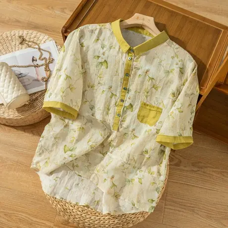 短袖苎麻碎花衬衫文艺复古棉麻上衣显瘦印花宽松夏天薄款2022新款图片