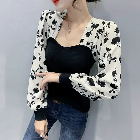 时尚雪纺拼接T恤女装设计感泡泡袖V领上衣洋气质打底衫女长袖春装商品大图