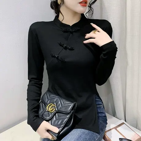 复古盘扣打底衫女春秋2023新款设计感开叉T恤长袖不规则收腰上衣商品大图