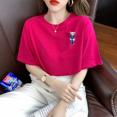 玫红色短袖t恤女2023年夏季新款漂亮半袖体恤中长款宽松纯棉上衣商品大图