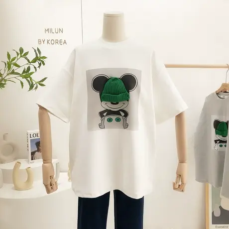 2022早春新款韩国东大门卡通磨毛加厚短袖T恤秋冬打底衫大码欧货图片