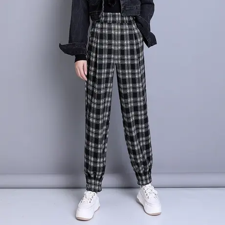 格子休闲裤女2023新款秋冬高腰宽松束脚哈伦裤大码百搭毛呢长裤子商品大图