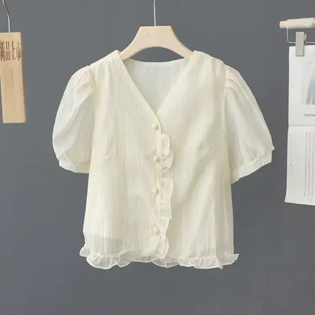 韩范纯色V领气质木耳边短袖衬衫2023年夏季新款短款减龄衬衣女装商品大图