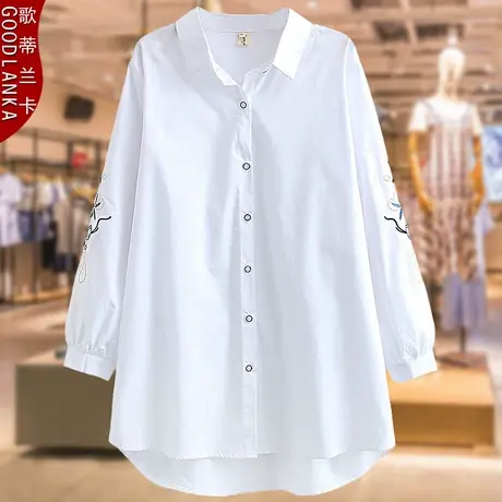 中年40-50岁妈妈长袖绣花白色衬衫春秋款洋气加肥加大码中长上衣图片