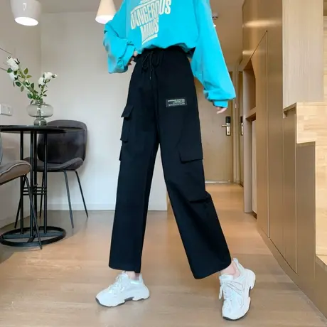 工装裤子女2020秋冬宽松高腰直筒显瘦百搭休闲哈伦阔腿长裤潮ins商品大图