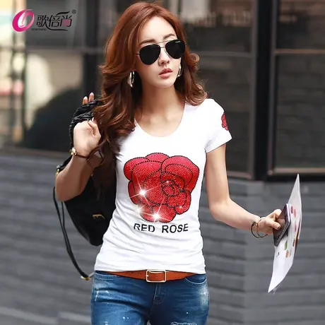 2024欧货新款夏装欧洲站重工玫瑰花短袖t恤修身女装半袖体恤上衣图片