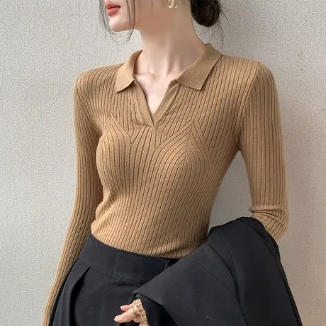 海鸥领针织衫女2023秋冬新款长袖修身外穿上衣翻领百搭坑条打底衫商品大图