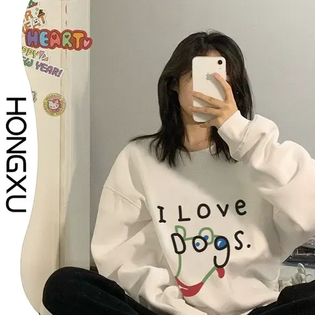 红续日系简约印花套头上衣2023秋冬oversize显瘦百搭卫衣加厚加绒图片