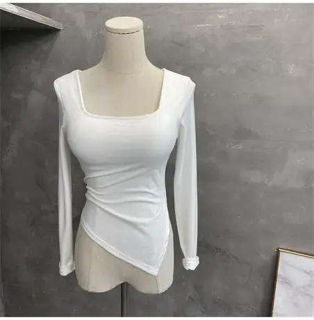 带胸垫～方领不规则上衣女修身开叉长袖T恤打底衫2022秋冬新款潮商品大图