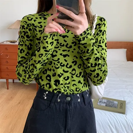 2023年新款早秋冬季打底衫chic长袖T恤女豹纹设计小众印花内搭ins图片