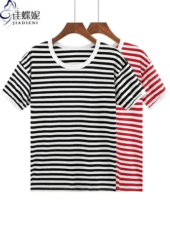 夏季韩版圆领撞色宽松休闲条纹纯棉短袖体恤上衣内搭女打底衫大码商品大图