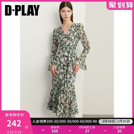 DPLAY2023秋新法式紫调晕染郁金香茶歇裙V领泡泡袖度假风连衣裙图片