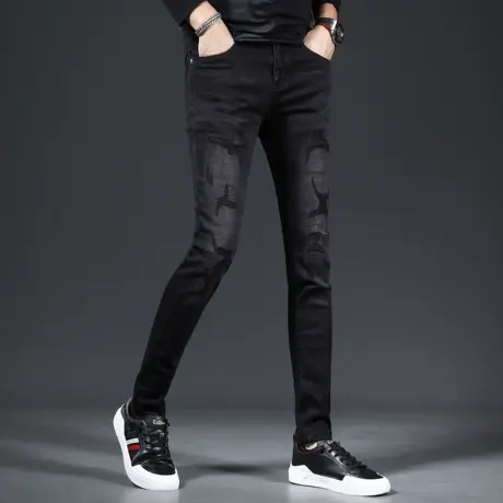 黑色破洞牛仔裤男2023新款秋冬款修身小脚裤补丁痞帅男士裤子加绒图片