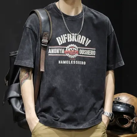 重磅复古短袖t恤男士半袖潮牌胖子大码2023新款男装纯棉体恤夏季商品大图