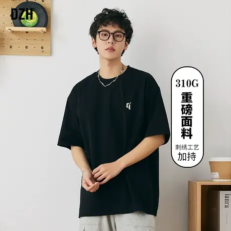 男士美式重磅t恤男潮牌宽松夏季男装2023新款黑色短袖刺绣体恤衫商品大图