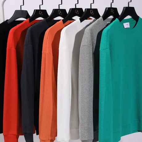 春季2022新款圆领纯色百搭卫衣男士华夫格ins潮流简约宽松上衣男商品大图