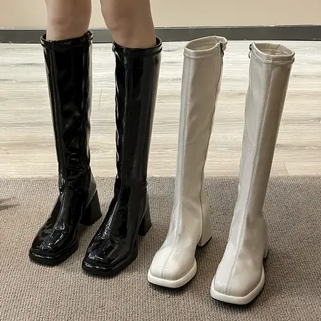 不过膝长筒靴女潮2023年新款春秋方头瘦瘦靴粗跟高筒靴子骑士靴商品大图