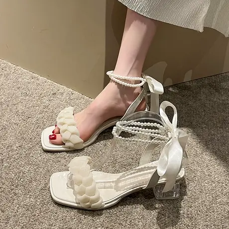 凉鞋女2023年夏季新款时尚中跟粗跟仙女风配裙子珍珠蝴蝶结高跟鞋商品大图