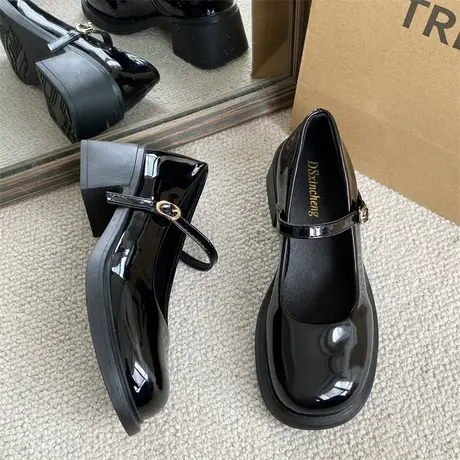 法式玛丽珍女鞋2023春夏新款高跟粗跟小皮鞋英伦风黑色气质高跟鞋商品大图